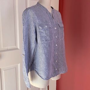 L.L. Bean striped linen mandarin collar shirt